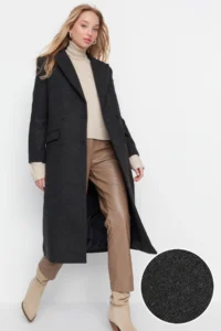 TRENDYOLMİLLA Black Regular Pattern herringbone Patterned LONG Bowl Overcoat - Image 5