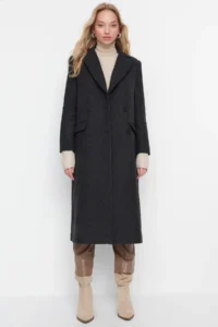 TRENDYOLMİLLA Black Regular Pattern herringbone Patterned LONG Bowl Overcoat - Image 8