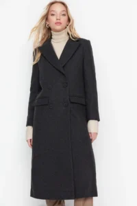 TRENDYOLMİLLA Black Regular Pattern herringbone Patterned LONG Bowl Overcoat - Image 9