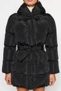TRENDYOLMİLLA Black Regular Pattern Belted Water Repellent Puffer Jacket Coat - Image 4