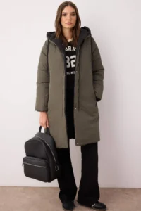 TRENDYOLMİLLA Black-Khaki Double Sided Hooded Water Repellent LONG Puffer Jacket Coat - Image 2