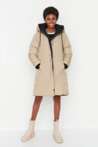 TRENDYOLMİLLA Black-Beige Double Sided Regular Pattern Hooded Water Repellent LONG Puffer Jacket Coat - Image 10