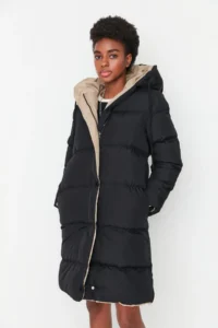 TRENDYOLMİLLA Black-Beige Double Sided Regular Pattern Hooded Water Repellent LONG Puffer Jacket Coat - Image 11
