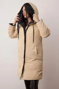 TRENDYOLMİLLA Black-Beige Double Sided Regular Pattern Hooded Water Repellent LONG Puffer Jacket Coat - Image 3