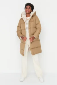 TRENDYOLMİLLA Brown-Ecru Double Sided Hooded Water Repellent LONG Puffer Jacket Coat - Image 2