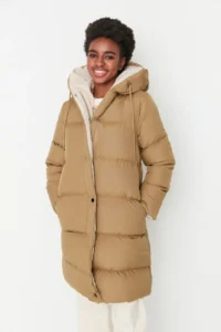 TRENDYOLMİLLA Brown-Ecru Double Sided Hooded Water Repellent LONG Puffer Jacket Coat - Image 4