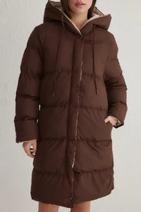 TRENDYOLMİLLA Dark Brown-Ecru Double Sided Regular Pattern Hooded Water Repellent LONG Puffer Jacket Coat - Image 10