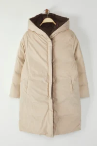 TRENDYOLMİLLA Dark Brown-Ecru Double Sided Regular Pattern Hooded Water Repellent LONG Puffer Jacket Coat - Image 16