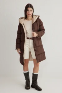 TRENDYOLMİLLA Dark Brown-Ecru Double Sided Regular Pattern Hooded Water Repellent LONG Puffer Jacket Coat - Image 8