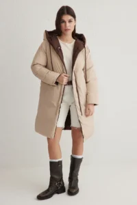 TRENDYOLMİLLA Dark Brown-Ecru Double Sided Regular Pattern Hooded Water Repellent LONG Puffer Jacket Coat - Image 9