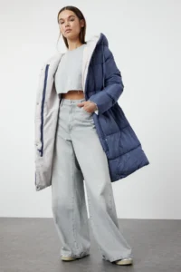 TRENDYOLMİLLA Gray-BLUE Double Sided Hooded Water Repellent LONG Puffer Jacket Coat - Image 2