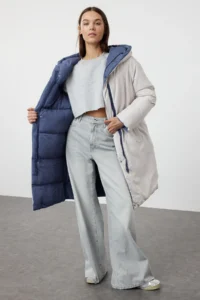 TRENDYOLMİLLA Gray-BLUE Double Sided Hooded Water Repellent LONG Puffer Jacket Coat - Image 3