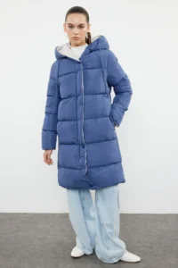 TRENDYOLMİLLA Gray-BLUE Double Sided Hooded Water Repellent LONG Puffer Jacket Coat - Image 7