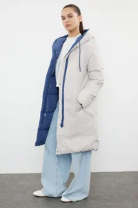 TRENDYOLMİLLA Gray-BLUE Double Sided Hooded Water Repellent LONG Puffer Jacket Coat - Image 8