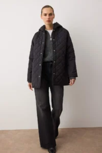 TRENDYOLMİLLA Black Regular Pattern Hooded Water Repellent Quilted Coat - Image 5