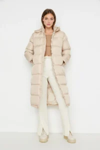 TRENDYOLMİLLA Beige Regular Pattern Hooded Water Repellent LONG Puffer Jacket Coat