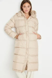 TRENDYOLMİLLA Beige Regular Pattern Hooded Water Repellent LONG Puffer Jacket Coat - Image 2