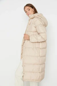 TRENDYOLMİLLA Beige Regular Pattern Hooded Water Repellent LONG Puffer Jacket Coat - Image 3