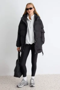 TRENDYOLMİLLA Black Oversized Pattern Hooded Arched Water Repellent Puffer Jacket Coat