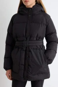 TRENDYOLMİLLA Black Oversized Pattern Hooded Arched Water Repellent Puffer Jacket Coat - Image 3