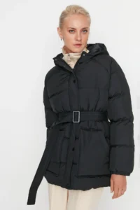 TRENDYOLMİLLA Black Oversized Pattern Hooded Arched Water Repellent Puffer Jacket Coat - Image 5