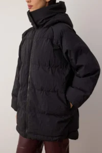 TRENDYOLMİLLA Black Oversized Pattern Hooded Water Repellent Puffer Jacket Coat - Image 3