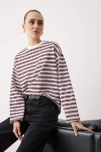 TRENDYOLMİLLA Multicolored Striped Oversized/Wide Cut Crew Neck Thin Knitting Sweatshirt - Image 6