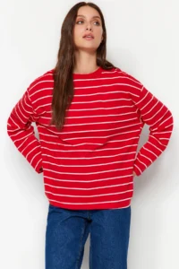 TRENDYOLMİLLA Red Striped Oversized/Wide Cut Crew Neck Thin Knitting Sweatshirt - Image 10