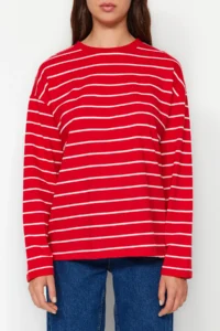 TRENDYOLMİLLA Red Striped Oversized/Wide Cut Crew Neck Thin Knitting Sweatshirt - Image 13