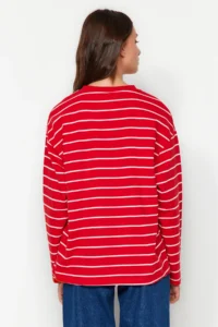 TRENDYOLMİLLA Red Striped Oversized/Wide Cut Crew Neck Thin Knitting Sweatshirt - Image 14