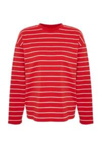 TRENDYOLMİLLA Red Striped Oversized/Wide Cut Crew Neck Thin Knitting Sweatshirt - Image 15