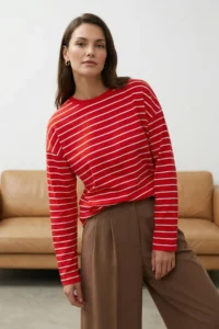 TRENDYOLMİLLA Red Striped Oversized/Wide Cut Crew Neck Thin Knitting Sweatshirt - Image 7