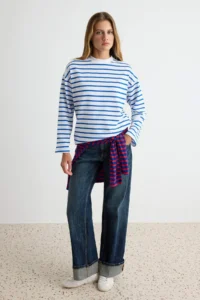 TRENDYOLMİLLA WHITE Striped Oversized/Wide Cut Crew Neck Thin Knitting Sweatshirt - Image 2