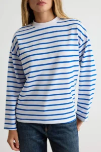 TRENDYOLMİLLA WHITE Striped Oversized/Wide Cut Crew Neck Thin Knitting Sweatshirt - Image 3