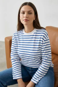 TRENDYOLMİLLA WHITE Striped Oversized/Wide Cut Crew Neck Thin Knitting Sweatshirt - Image 5