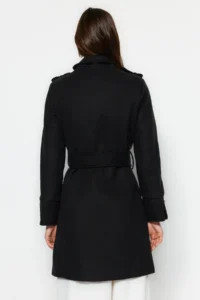 TRENDYOLMİLLA Black Belted Gold Button Detailed Soft textured Bowl Overcoat - Image 2