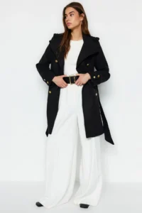 TRENDYOLMİLLA Black Belted Gold Button Detailed Soft textured Bowl Overcoat - Image 4