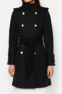 TRENDYOLMİLLA Black Belted Gold Button Detailed Soft textured Bowl Overcoat - Image 5