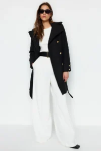 TRENDYOLMİLLA Black Belted Gold Button Detailed Soft textured Bowl Overcoat - Image 6