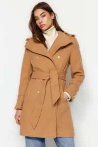 TRENDYOLMİLLA Camel Belted Gold Button Detailed Soft textured Bowl Overcoat