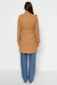 TRENDYOLMİLLA Camel Belted Gold Button Detailed Soft textured Bowl Overcoat - Image 2