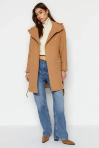 TRENDYOLMİLLA Camel Belted Gold Button Detailed Soft textured Bowl Overcoat - Image 4
