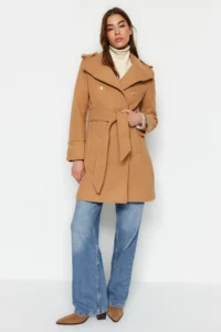 TRENDYOLMİLLA Camel Belted Gold Button Detailed Soft textured Bowl Overcoat - Image 5