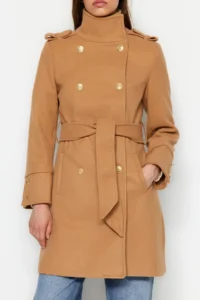 TRENDYOLMİLLA Camel Belted Gold Button Detailed Soft textured Bowl Overcoat - Image 6