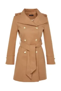 TRENDYOLMİLLA Camel Belted Gold Button Detailed Soft textured Bowl Overcoat - Image 7