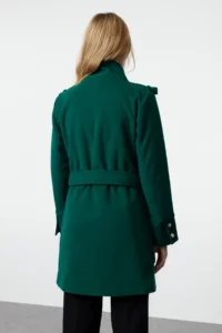 TRENDYOLMİLLA dark Green Belted Gold Button Detailed Soft textured Bowl Overcoat - Image 2