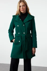 TRENDYOLMİLLA dark Green Belted Gold Button Detailed Soft textured Bowl Overcoat - Image 4