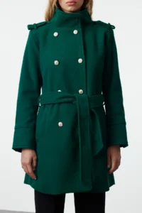TRENDYOLMİLLA dark Green Belted Gold Button Detailed Soft textured Bowl Overcoat - Image 6