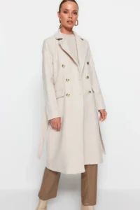 TRENDYOLMİLLA Stone Fitted Belted Gold buttoned LONG Woolly Bowl Overcoat