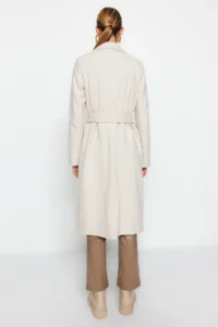 TRENDYOLMİLLA Stone Fitted Belted Gold buttoned LONG Woolly Bowl Overcoat - Image 2